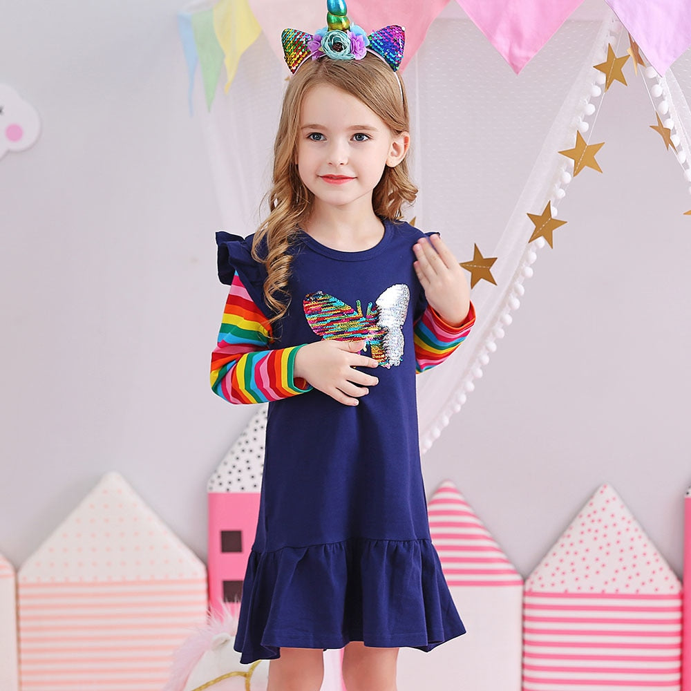 DXTON Kids Cotton Long Sleeve Winter Dresses for 2-8 Years Girls - Quid Mart