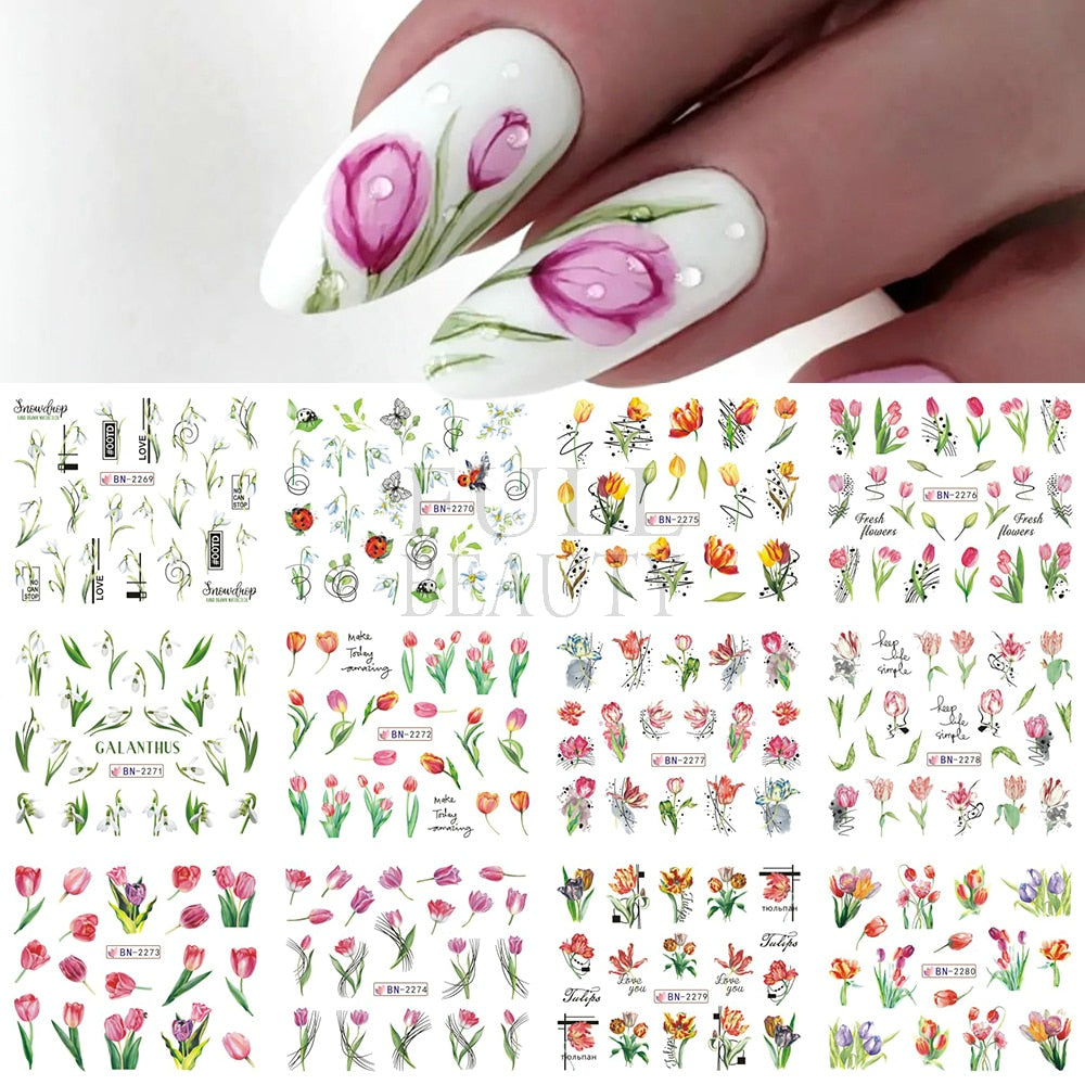 12pcs Valentines Manicure Love Letter Flower Sliders for Nails Inscriptions Nail Art Decoration Water Sticker Tips GLBN1489-1500 - Quid Mart