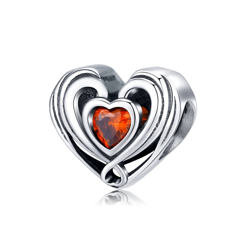 BISAER 925 Sterling Silver Heart Series Charm Bead Colorful Zircon Pendant Fit Family Mother&#39;s Day Birthday Bracelet DIY Jewelry - Quid Mart