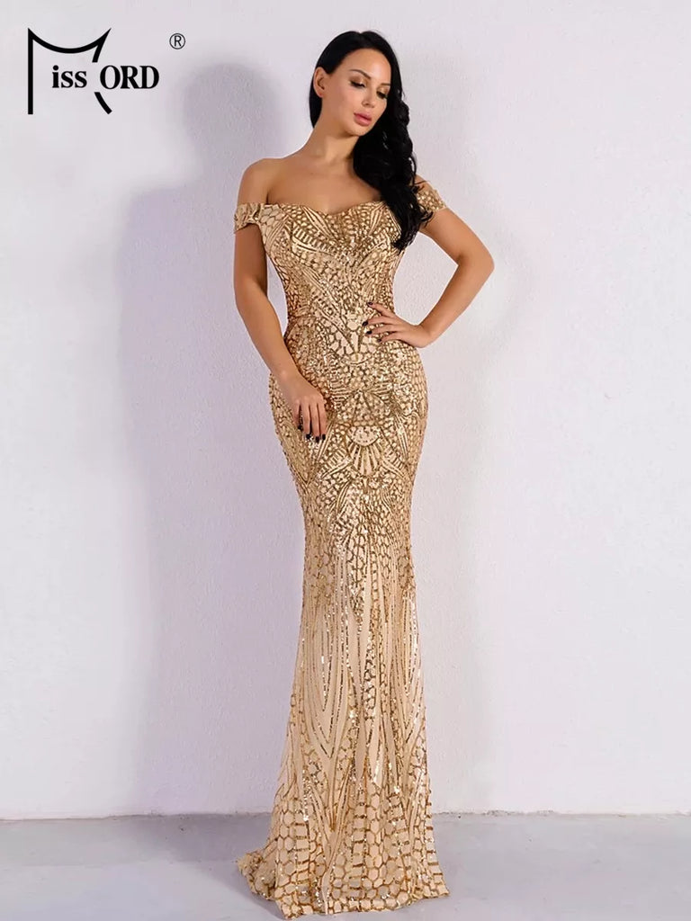 Missord Gold Long Evening Dress Women Off Shoulder Sequin Backless Bodycon Maxi Wedding Party Prom Dresses Elegant Ladies Gown