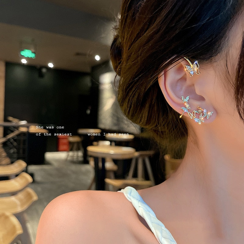 Shining Zircon Butterfly Ear Cuff Earrings for Women Girls Fashion 1pc Non Piercing Ear Clip Ear-hook Party Wedding Jewelry Gift - Quid Mart