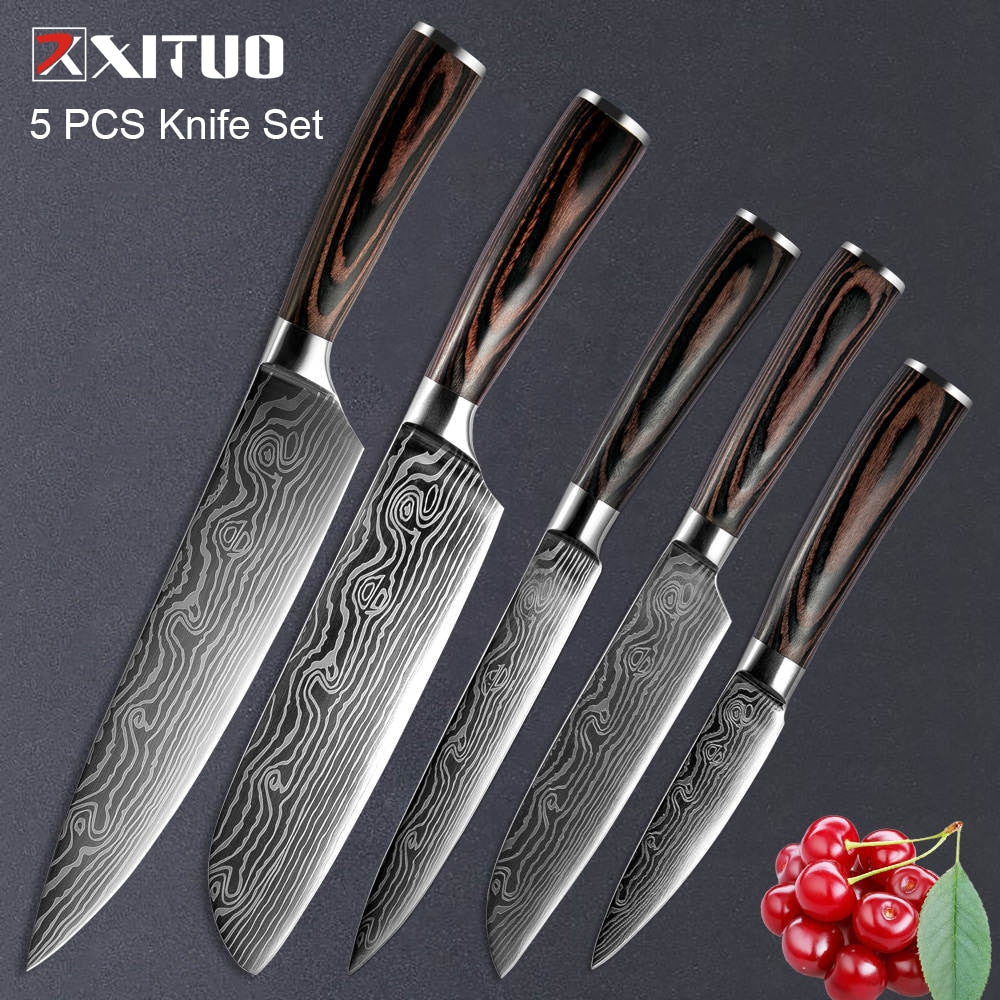 XITUO 1-5PCS set Chef Knife Japanese Stainless Steel Sanding Laser Pattern Knives Professional Sharp Blade Knife Cooking Tool - Quid Mart