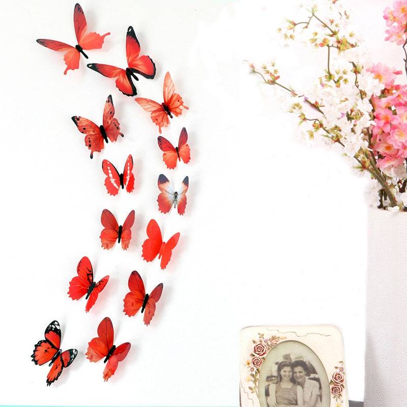 12Pcs Butterflies Wall Stickers New Year Gift Home Decorations 3D Butterfly PVC Self Adhesive Wallpaper For Living Room Decals - Quid Mart