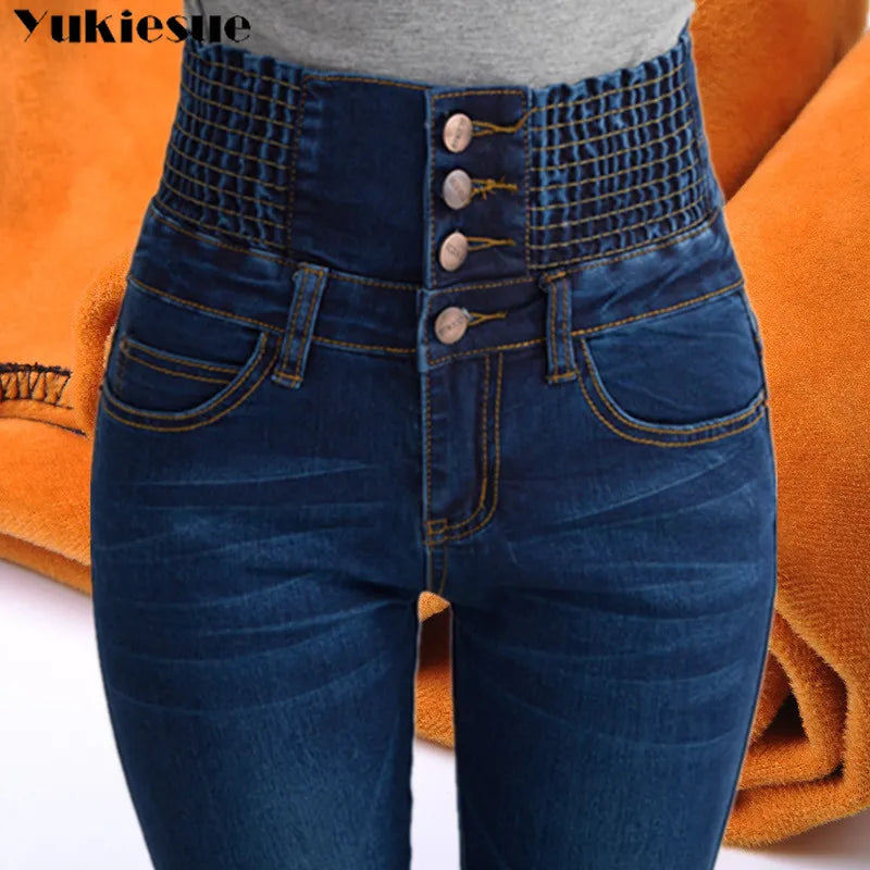 Womens Winter Jeans High Waist Skinny Pants Fleece /no velvet Elastic Waist Jeggings Casual clothes Jeans For Women Warm Jeans