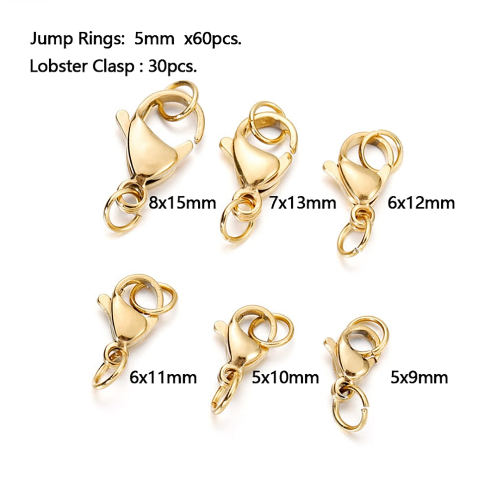 30Pcs/lot Stainless Steel Gold Plated Lobster Clasp Jump Rings For Bracelet Necklace Chains DIY Jewelry Making Findings Supplies - Quid Mart