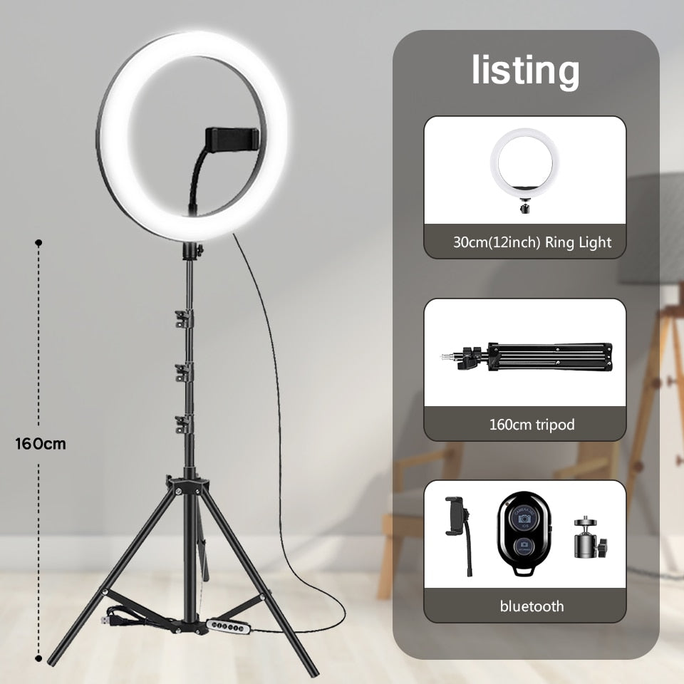 10" 26cm LED Selfie Ring Light Photography Video Light RingLight Phone Stand Tripod Fill Light Dimmable Lamp Trepied Streaming - Quid Mart
