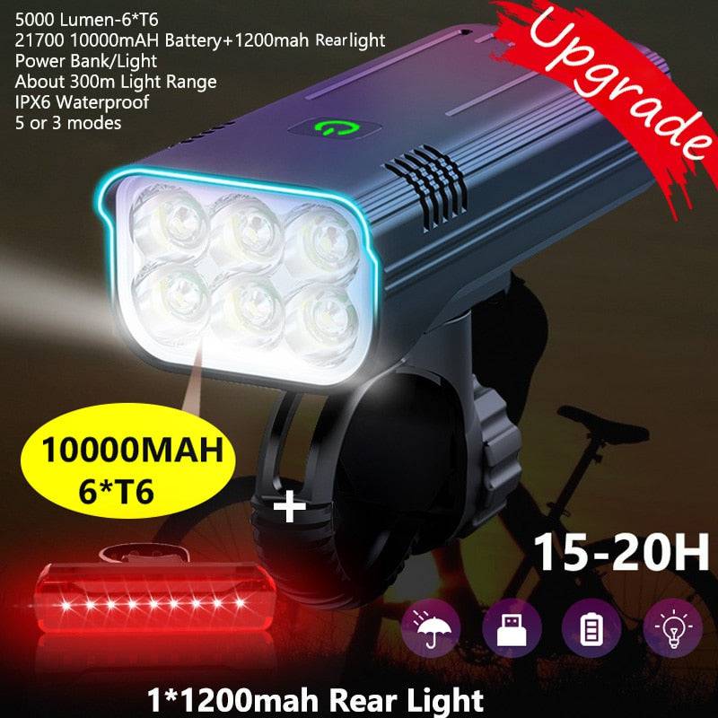 10000mAh Bike Light USB Rechargeable 5000 Lumens Bike Headlight 6T6 LED Super Bright Flashlight Front Lights and Back Rear light - Quid Mart