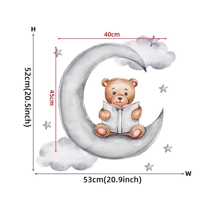 Cartoon Teddy Bear Sleeping on the Moon and Stars Wall Stickers for Kids Room Baby Room Decoration Wall Decals Room Interior - Quid Mart