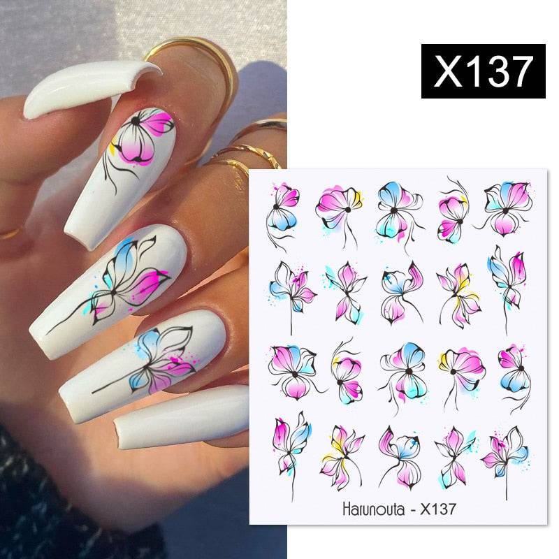 Harunouta Abstract Line Leopard Print Nail Water Sticker Decals Flower Leaves Marble Slider Decoration For Autumn Nail Design