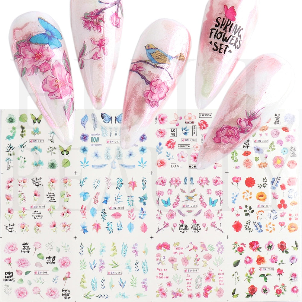 12pcs Valentines Manicure Love Letter Flower Sliders for Nails Inscriptions Nail Art Decoration Water Sticker Tips GLBN1489-1500 - Quid Mart