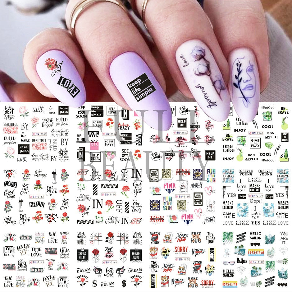 12pcs Valentines Manicure Love Letter Flower Sliders for Nails Inscriptions Nail Art Decoration Water Sticker Tips GLBN1489-1500 - Quid Mart