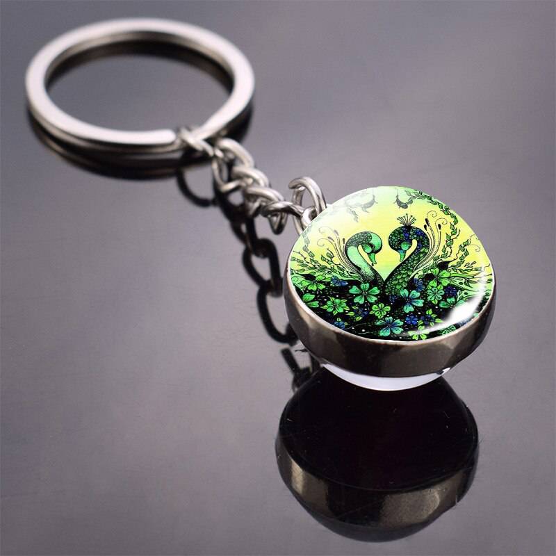 Double-Sided Animal Glass Ball Keychain - Cat, Horse, Moon - Quid Mart