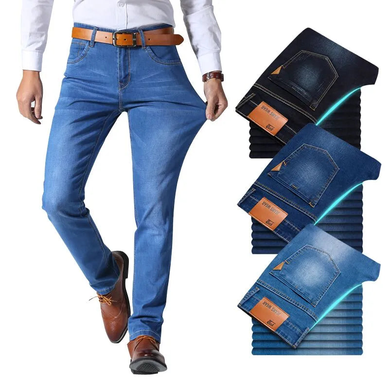 Wang Classic Style Men Brand Jeans Business Casual Stretch Slim Denim Pants