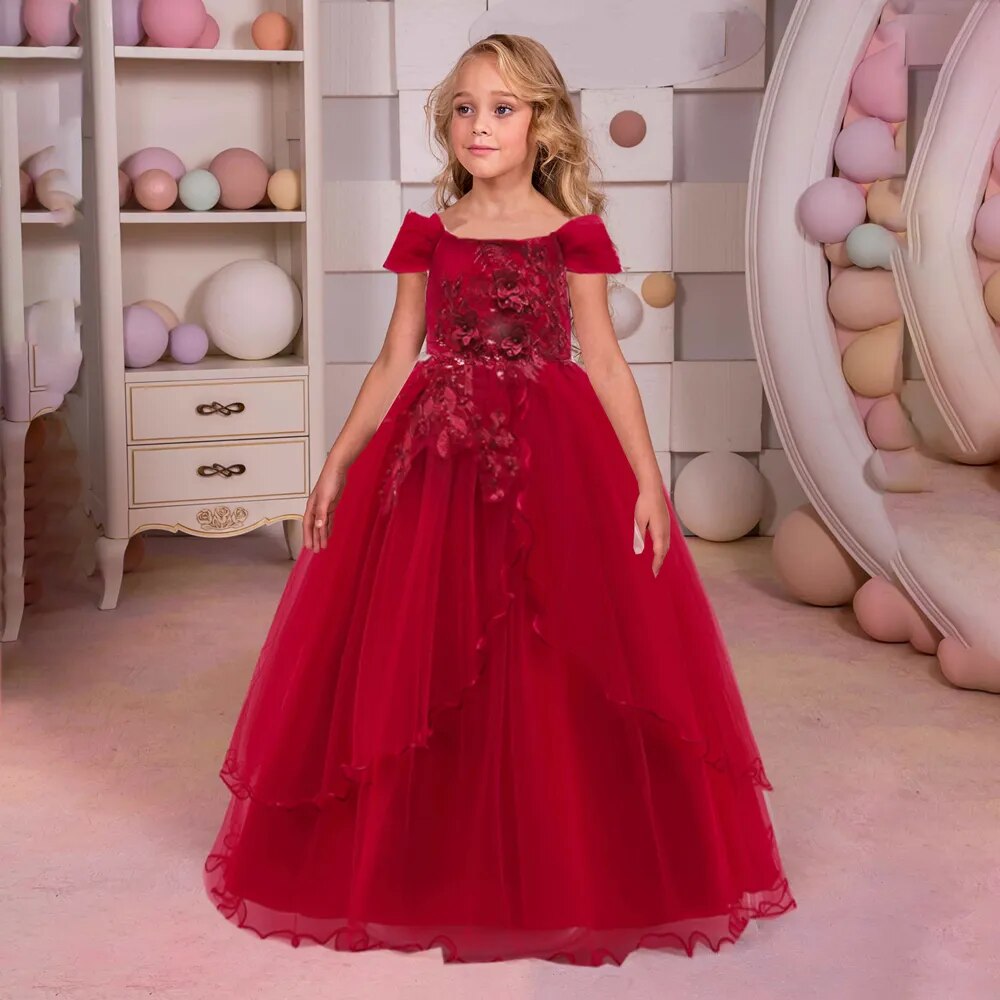 Lace Formal Dress for Girls Costume Embroidery Wedding Princess Children Tailing Girls Dress Tutu Host Flower Party Kid Clothes