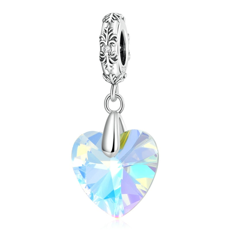 BISAER 925 Sterling Silver Heart Series Charm Bead Colorful Zircon Pendant Fit Family Mother&#39;s Day Birthday Bracelet DIY Jewelry - Quid Mart