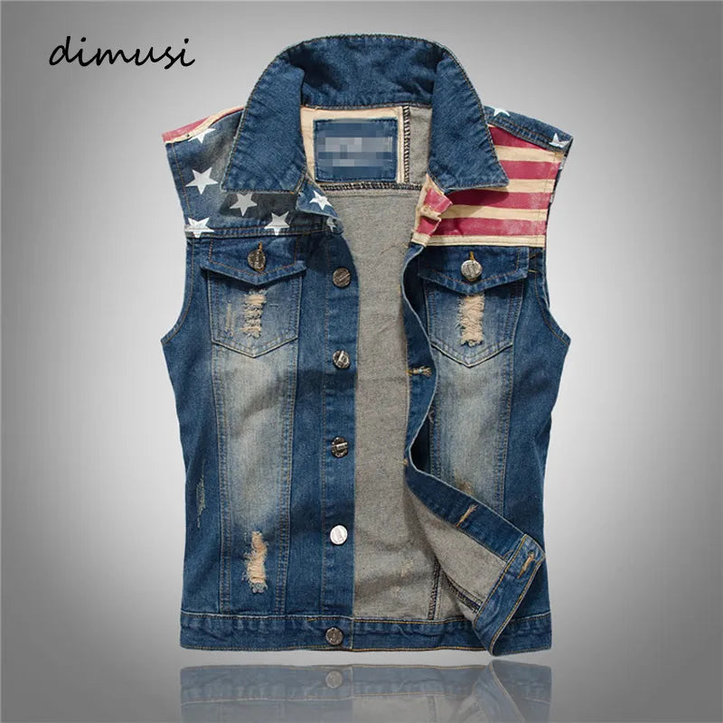DIMUSI Brand Mens Denim Vest Men Cowboy Ripped Sleeveless Vintage Jacket Tank Spring USA Flag washed Jeans Vest Plus Size 5XL