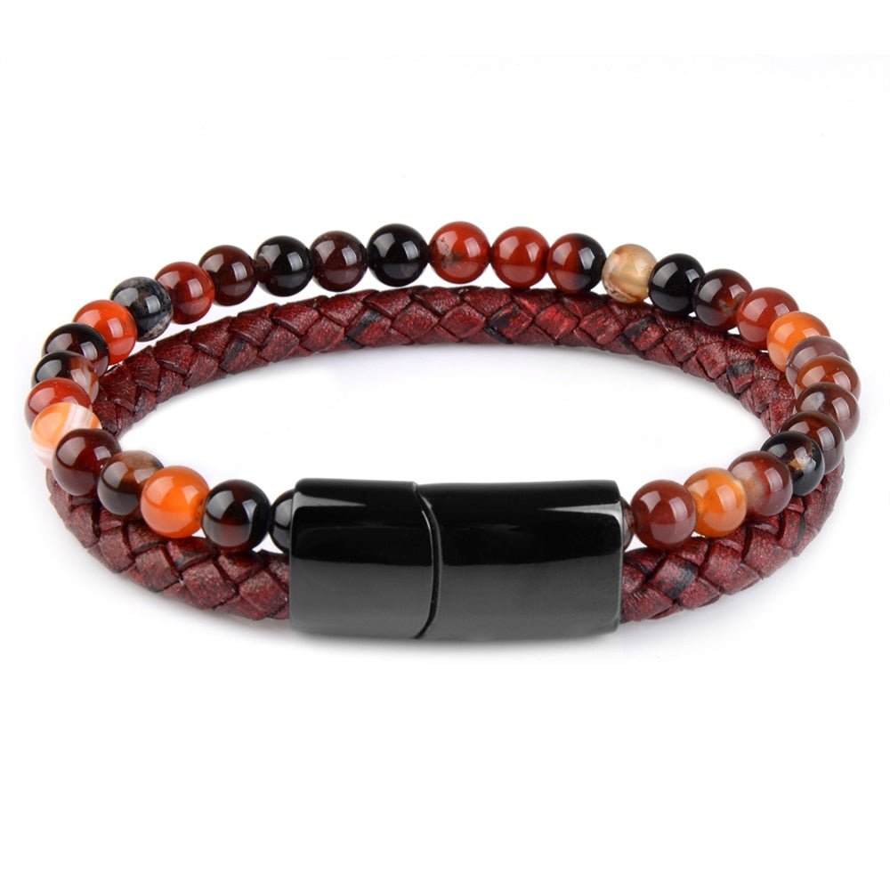 Natural Stone Bracelets Genuine Leather Braided Bracelets Black Stainless Steel Magnetic Clasp Tiger eye Bead Bangle Men Jewelry - Quid Mart