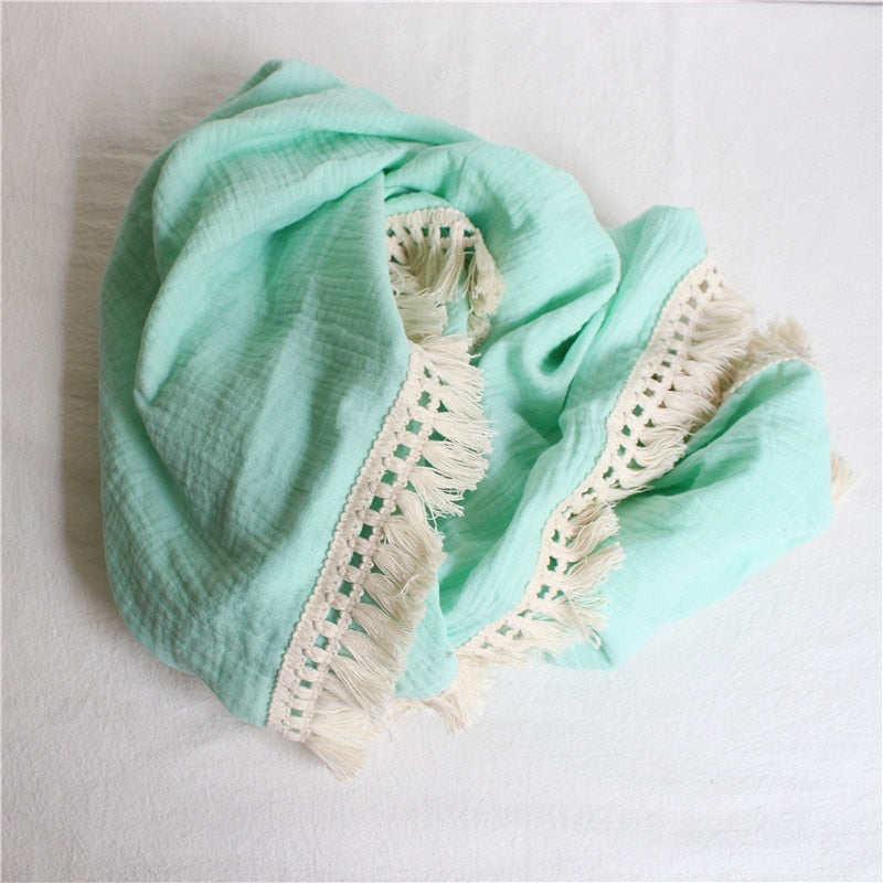 Muslin Cotton Baby Blanket: 2-Layer Newborn Tassel Swaddle - Quid Mart