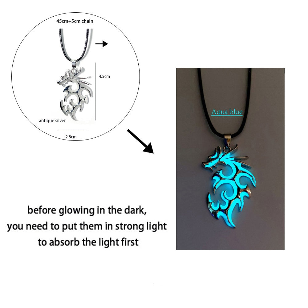 Luminous Dragon Necklace Glowing Night Fluorescence Antique Silver Plated Glow In The Dark Necklace for Men Women Party Hallowen - Quid Mart