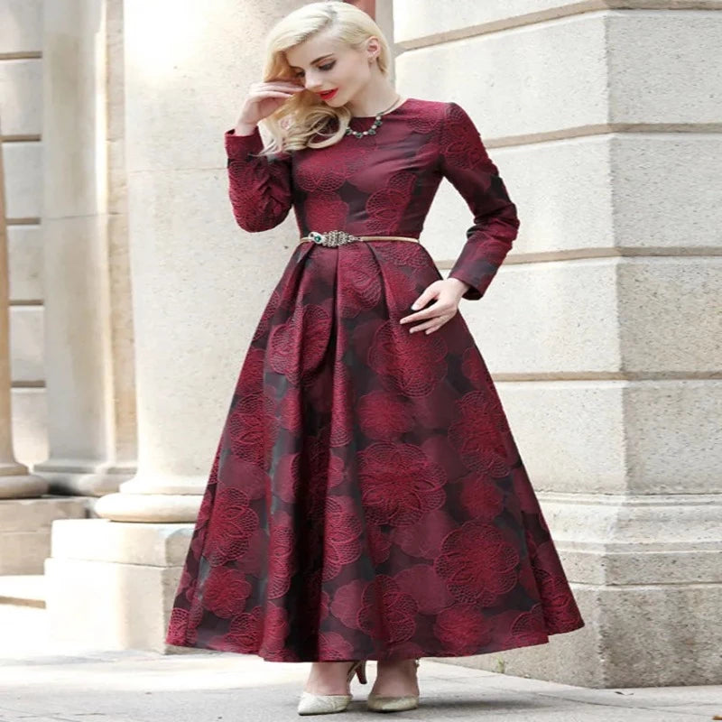 Women Long Sleeve Maxi Autumn Winter Dress Elegant Burgundy