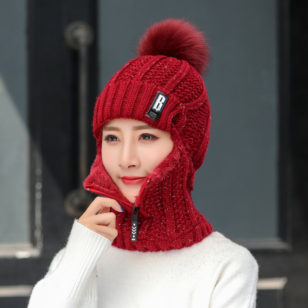 Coral Fleece Winter Women Knitted Hats Add Fur Warm Winter Hats For Women With Zipper Keep Face Warmer Balaclava Pompoms Cap - Quid Mart