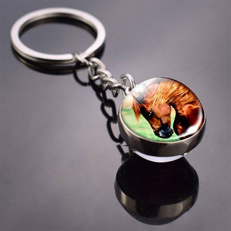 Double-Sided Animal Glass Ball Keychain - Cat, Horse, Moon - Quid Mart