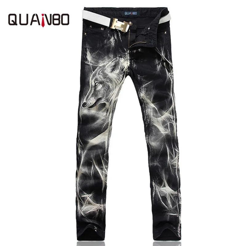 New Men's fashion wolf  printed jeans men slim straight Black stretch jeans high quality designer pants nightclubs singers