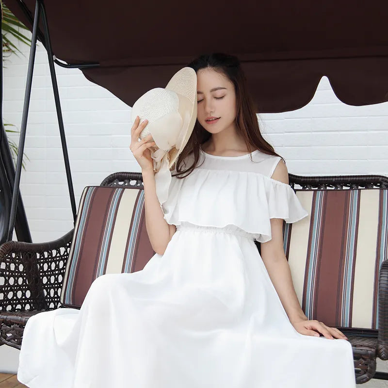 Summer Women Chiffon Boho Beach Dress Female Slim Off The Shoulder High Waist Strapless Dress White Long Dresses Sundress
