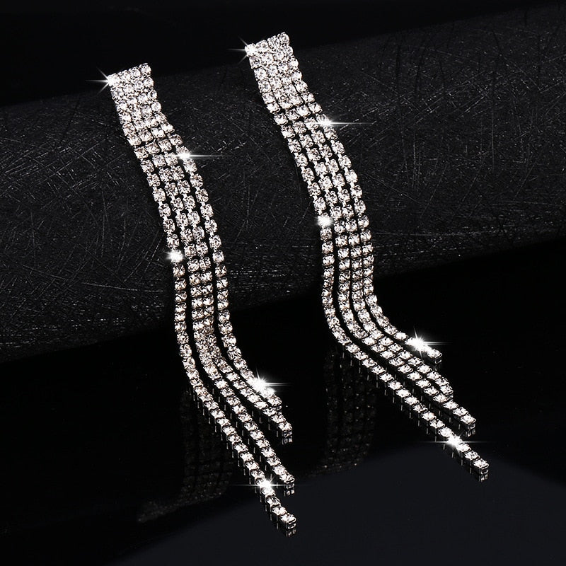 New Luxury Rhinestone Crystal Long Tassel Earrings for Women Bridal Drop Dangling Earrings Party Wedding Jewelry Gifts - Quid Mart