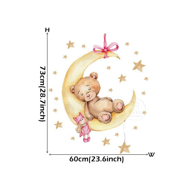 Cartoon Teddy Bear Sleeping on the Moon and Stars Wall Stickers for Kids Room Baby Room Decoration Wall Decals Room Interior - Quid Mart