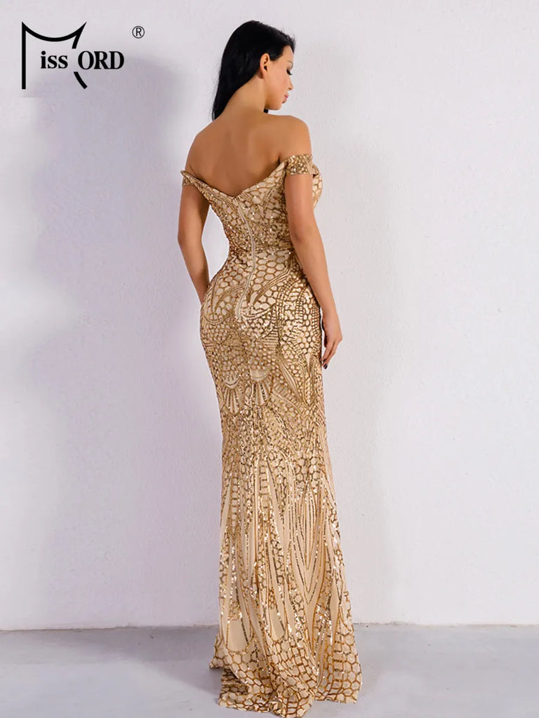 Missord Gold Long Evening Dress Women Off Shoulder Sequin Backless Bodycon Maxi Wedding Party Prom Dresses Elegant Ladies Gown