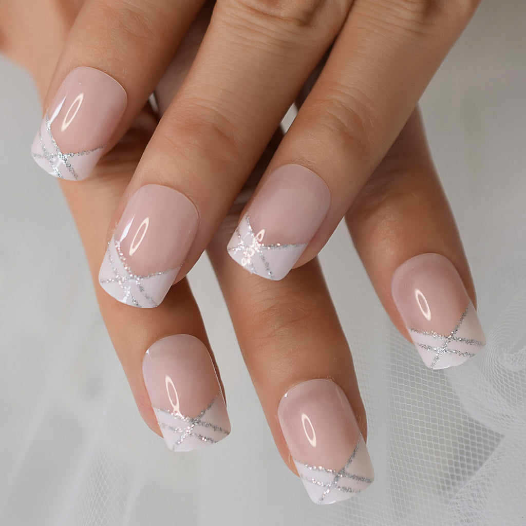 Salon Acrylic Press On Nails French Nails Short Length Ombre Round French Tips Glitter Pattern White Thin False Nail Art - Quid Mart