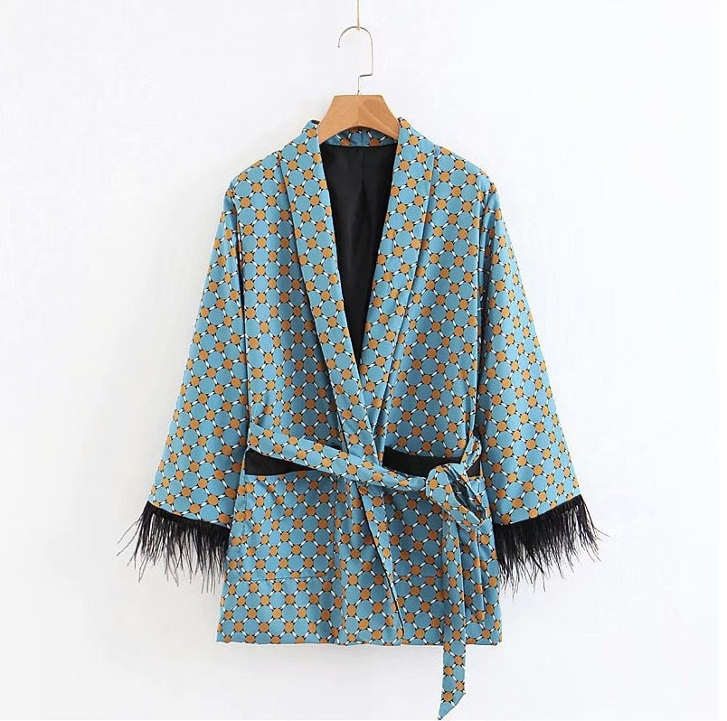 Sunc Blue Floral Print Kimono Jacket with Feather Sleeves and Wide Leg Pants - Quid Mart
