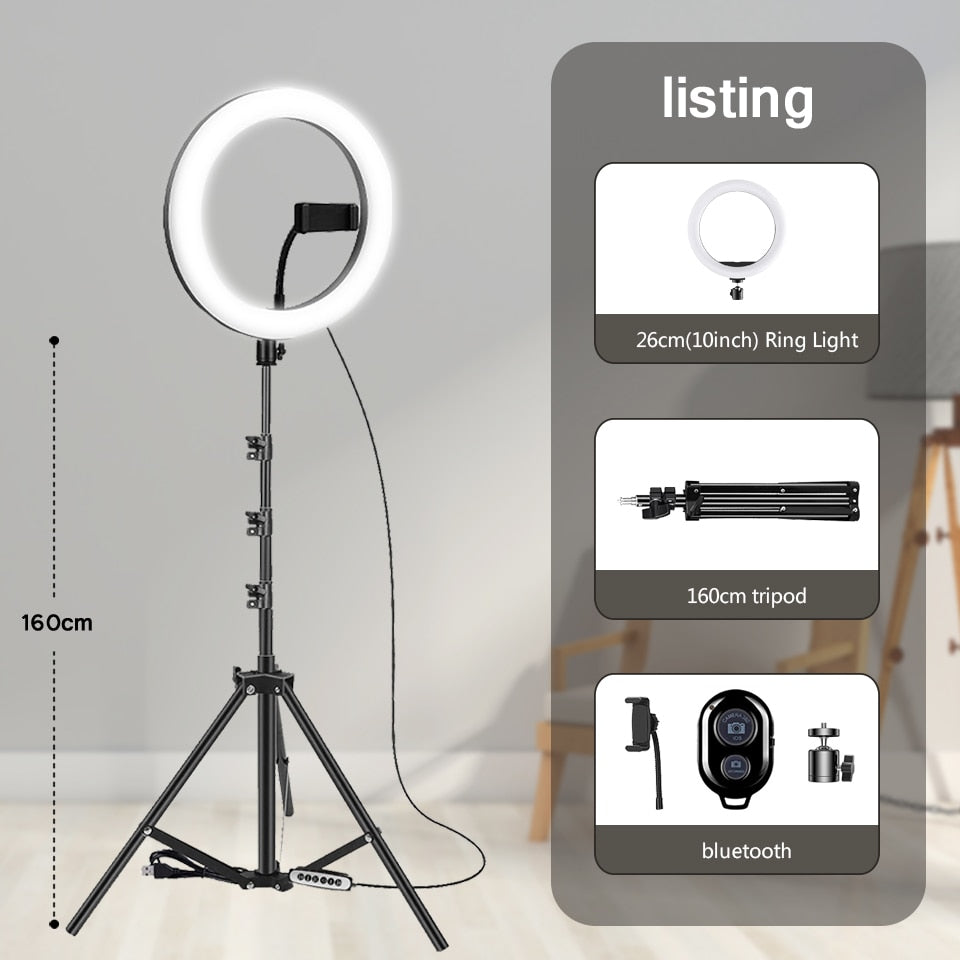 10" 26cm LED Selfie Ring Light Photography Video Light RingLight Phone Stand Tripod Fill Light Dimmable Lamp Trepied Streaming - Quid Mart
