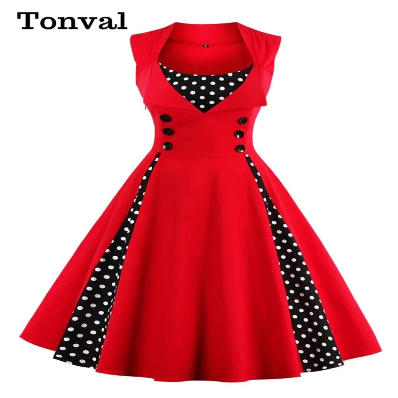 Tonval Elegant Polka Dot Sleeveless Pinup Vintage Retro Dress