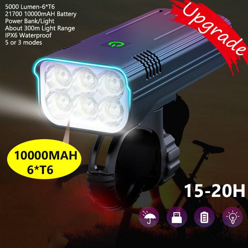 10000mAh Bike Light USB Rechargeable 5000 Lumens Bike Headlight 6T6 LED Super Bright Flashlight Front Lights and Back Rear light - Quid Mart