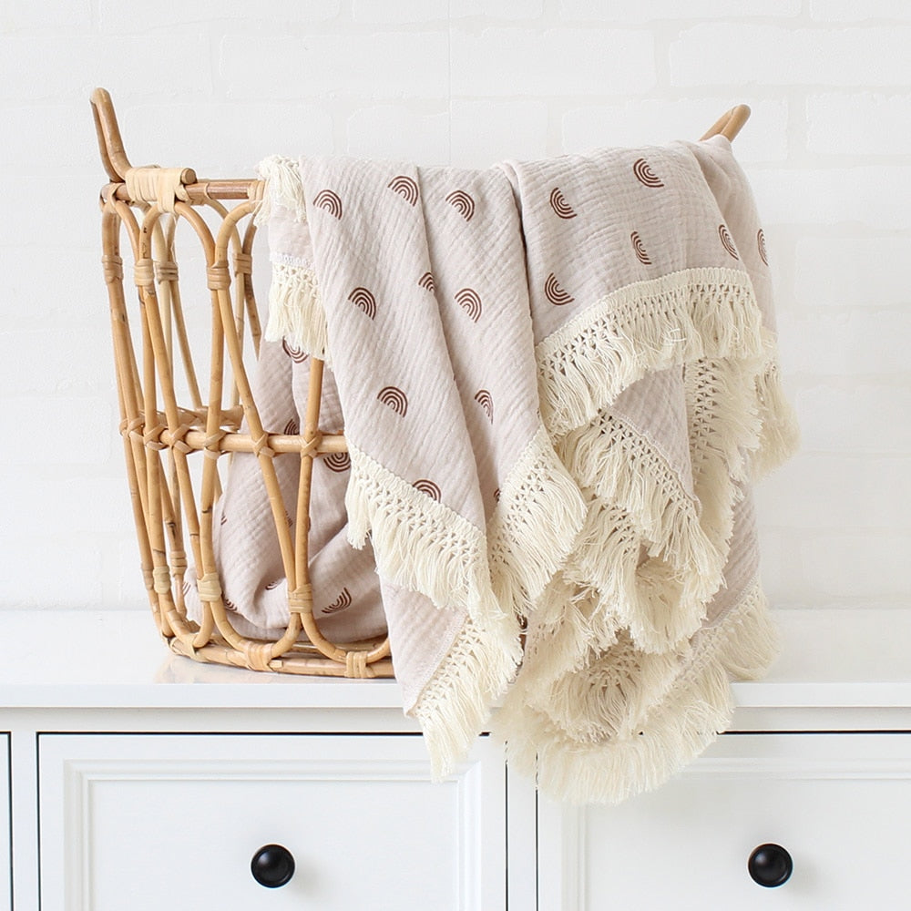 Muslin Cotton Baby Blanket: 2-Layer Newborn Tassel Swaddle - Quid Mart