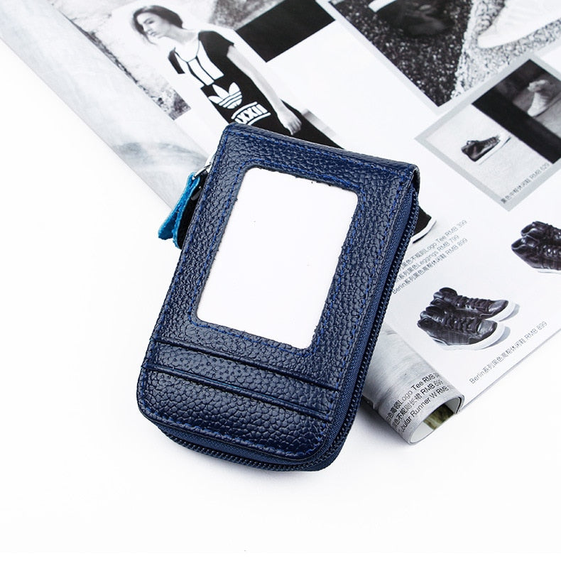 RFID Men&#39;s Card Holder Unisex Wallet Genuine Leather Business Card Holder Zipper Card Protect Case ID Bank Card Holders Purse - Quid Mart