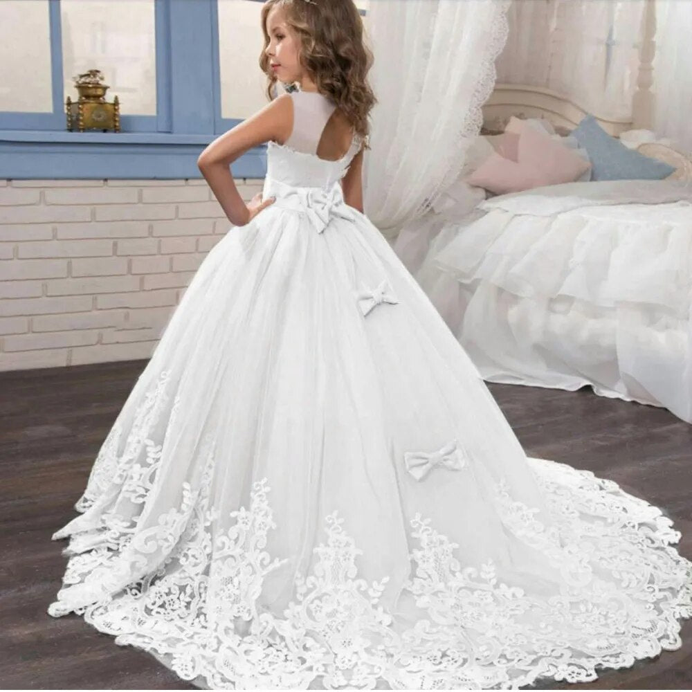 Teenage Flower White Dress for Girls Bridesmaid Clothing Elegant Princess Long Tulle Girls Kids Wedding Ceremony Party Dresses