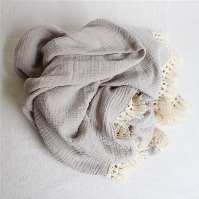 Muslin Cotton Baby Blanket: 2-Layer Newborn Tassel Swaddle - Quid Mart