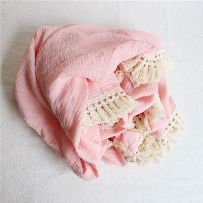 Muslin Cotton Baby Blanket: 2-Layer Newborn Tassel Swaddle - Quid Mart