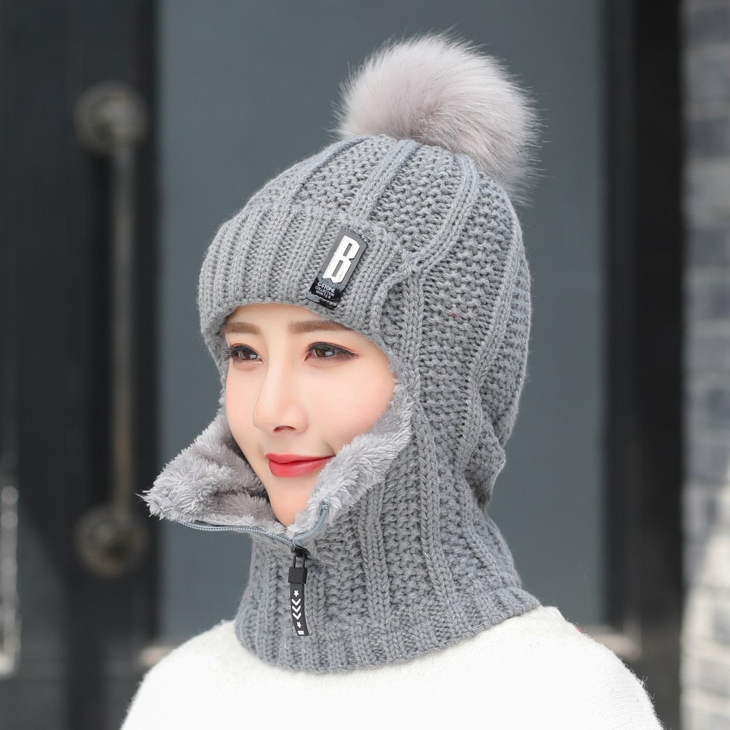 Coral Fleece Winter Women Knitted Hats Add Fur Warm Winter Hats For Women With Zipper Keep Face Warmer Balaclava Pompoms Cap - Quid Mart
