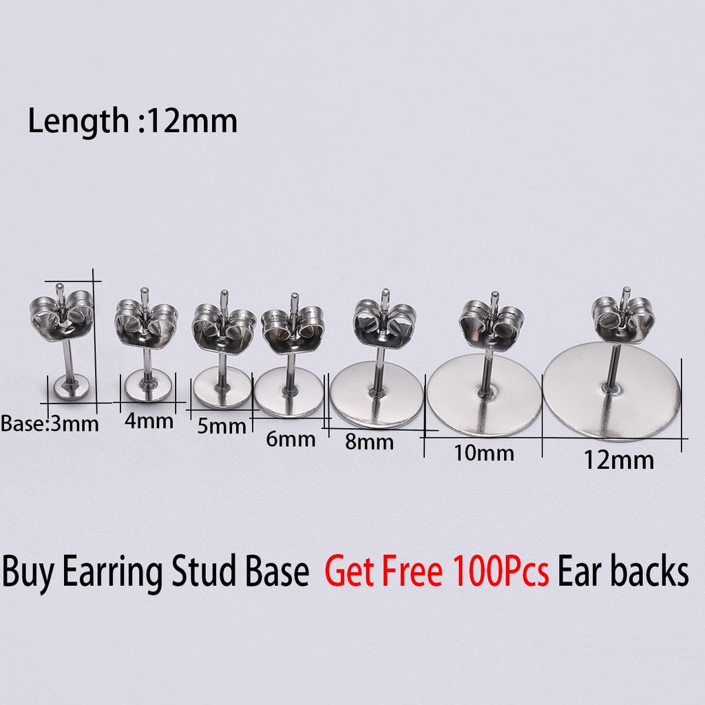 20-100pcs/lot Gold Stainless Steel Blank Post Earring Studs Base Pins With Earring Plug Findings Ear Back For DIY Jewelry Making - Quid Mart