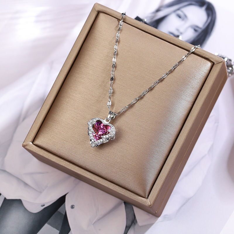 Luxury Zircon Crystal Ocean Heart Pendant Necklace For Women Korean Fashion Stainless Steel Jewelry Female Wedding Neck Chain - Quid Mart