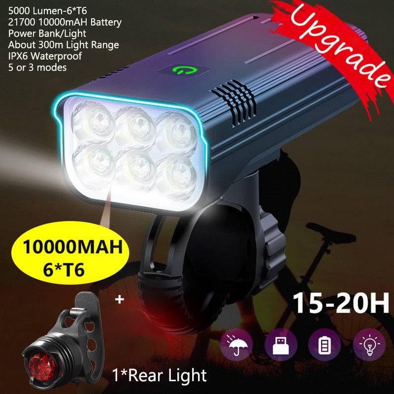 10000mAh Bike Light USB Rechargeable 5000 Lumens Bike Headlight 6T6 LED Super Bright Flashlight Front Lights and Back Rear light - Quid Mart