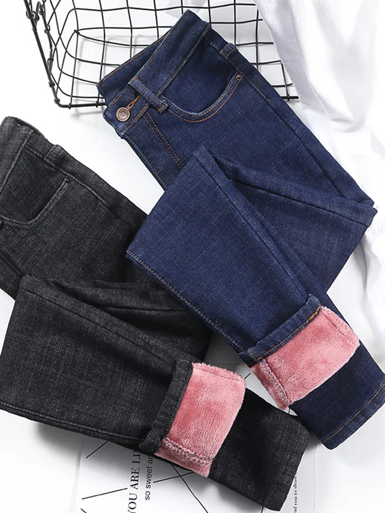 Fashion Stretch High Waist Pencil Pants Female Casual Velvet Jeans Womens High Quality Jeans Thick Women Pants 2024