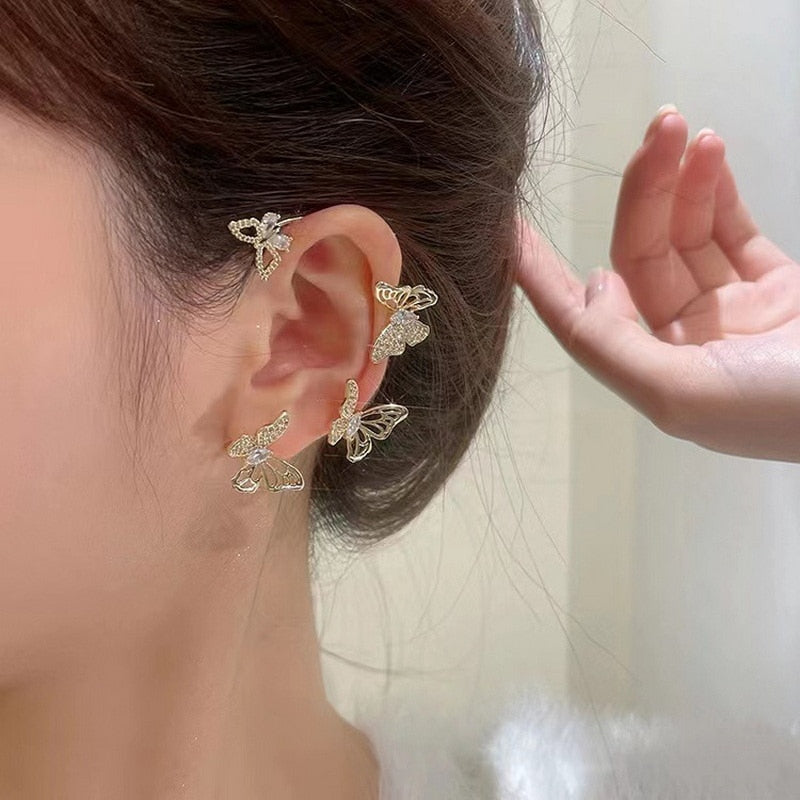 Kpop Shiny Zircon Butterfly Earcuff For Women Without Piercing Earrings 2023 Fashion Ear Clip Earrings Bride Wedding Jewelry - Quid Mart