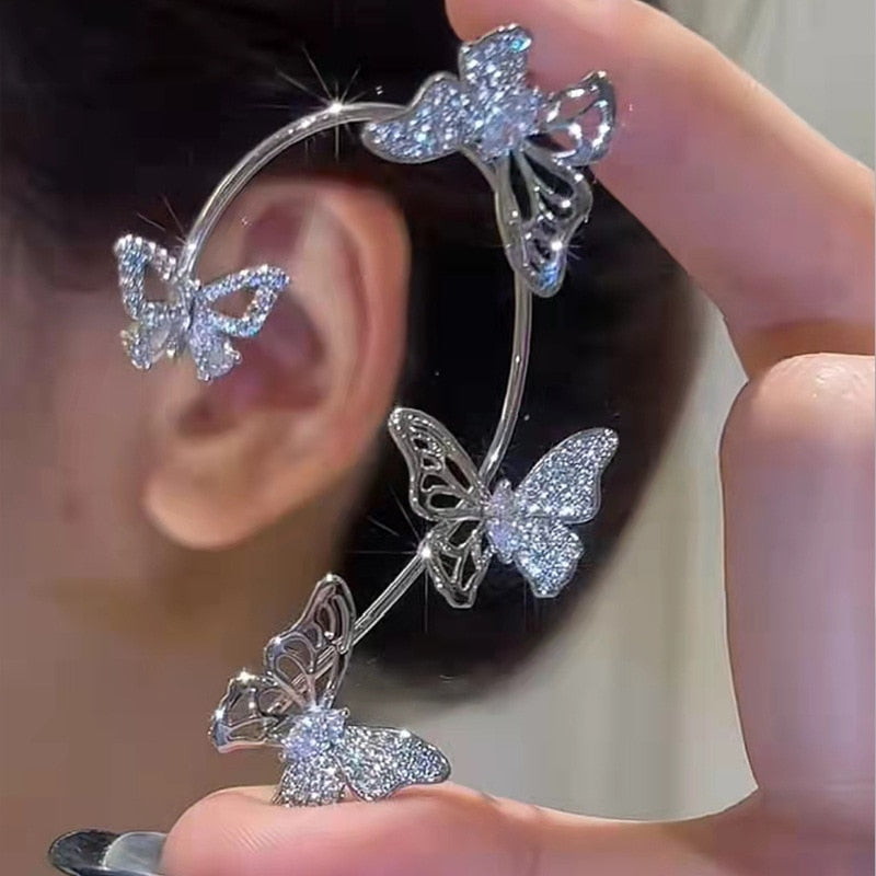 Kpop Shiny Zircon Butterfly Earcuff For Women Without Piercing Earrings 2023 Fashion Ear Clip Earrings Bride Wedding Jewelry - Quid Mart