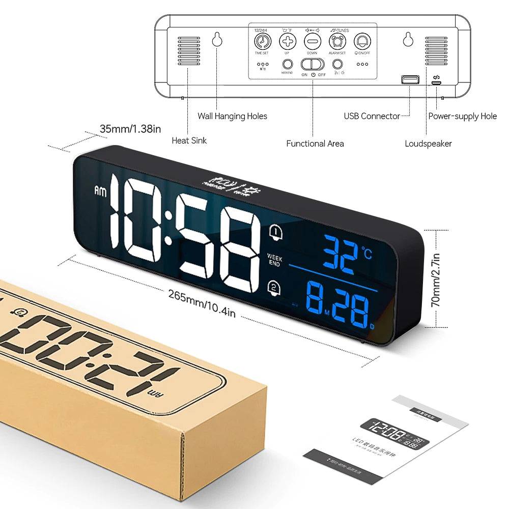 Music LED Digital Alarm Clock Temperature Date Display Desktop Mirror Clocks Home Table Decoration Voice Control 2400mAh Battery - Quid Mart