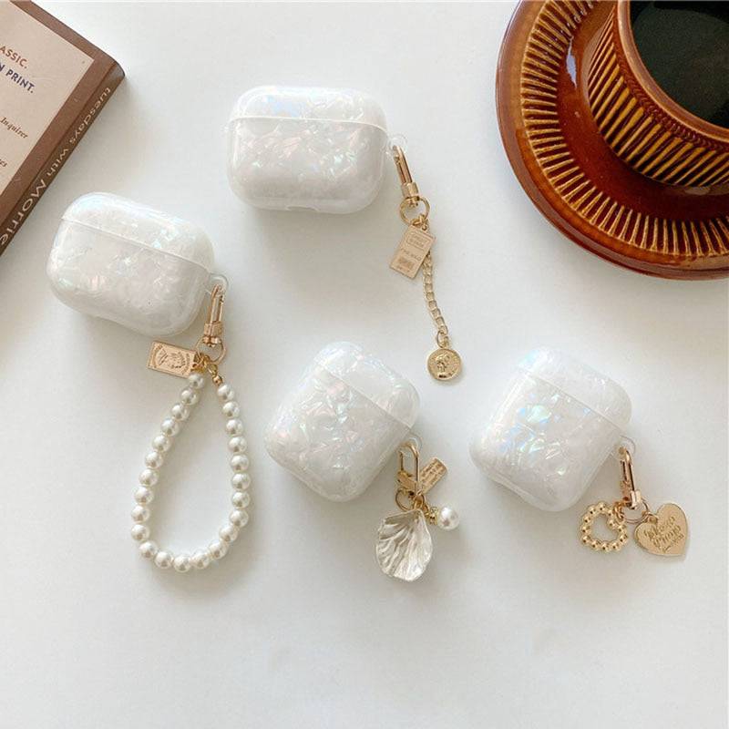 Dreamy White Glossy Shell Pearl Bracelet Keychain Earphone Soft case For Apple Airpods 1 2 Pro 3 Wireless Headset Box Cover - Quid Mart